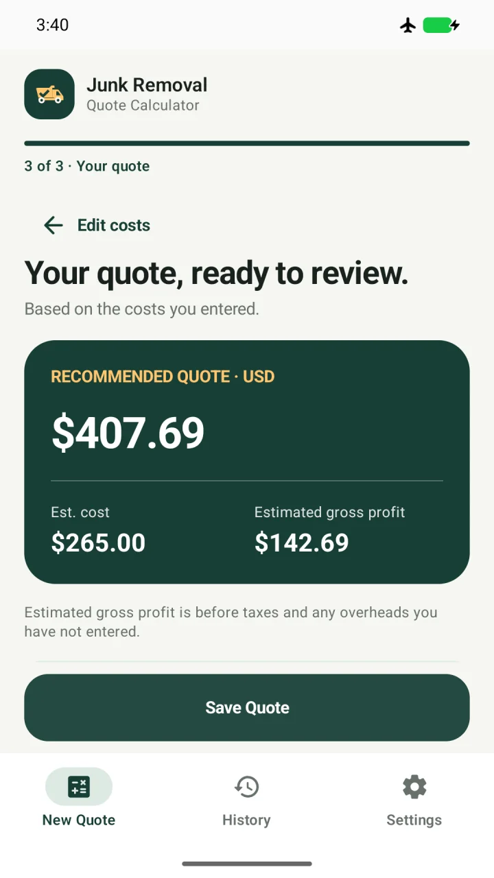 Junk Removal Calculator quote and cost breakdown