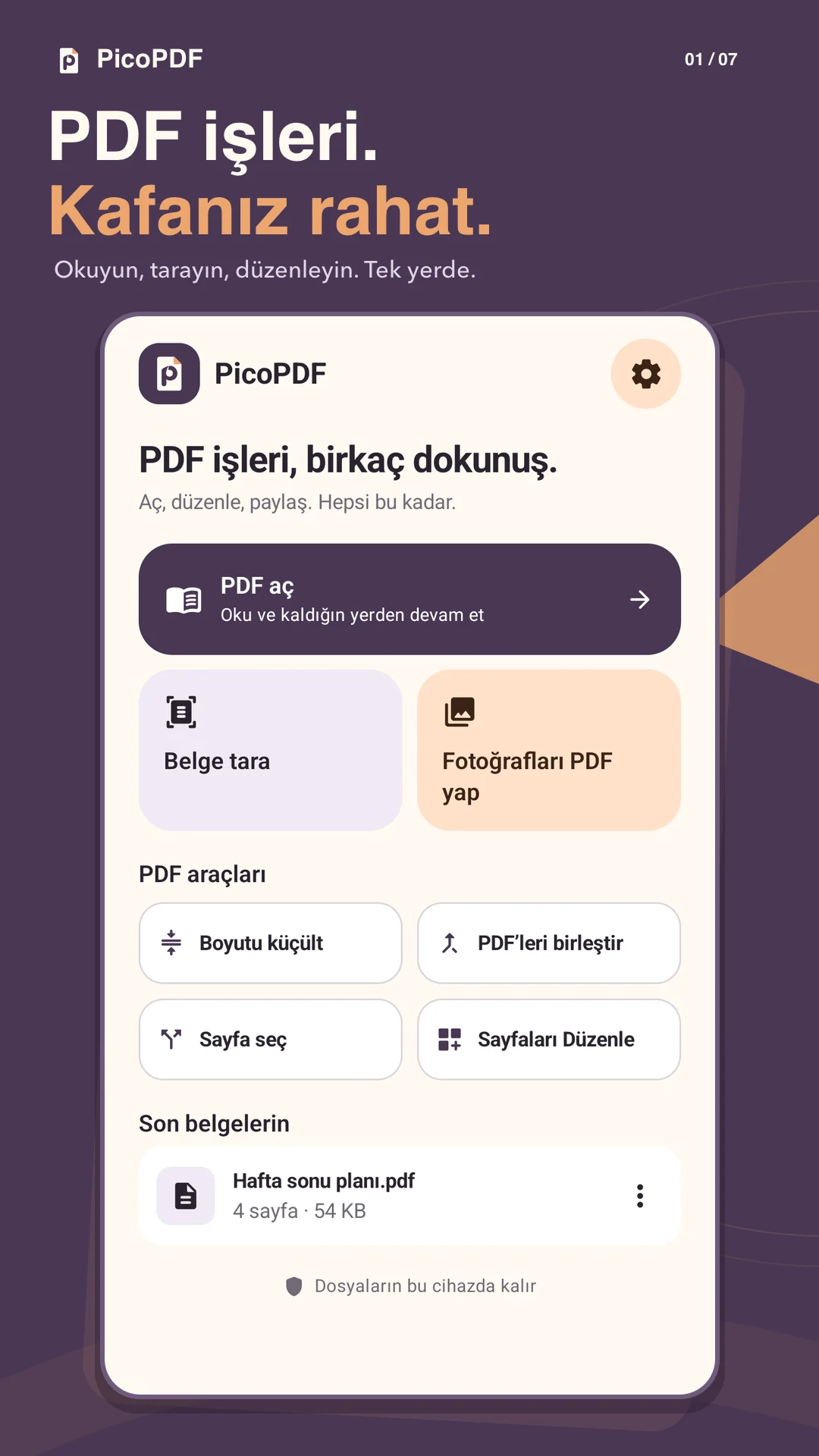 PicoPDF PDF araçları ana ekranı