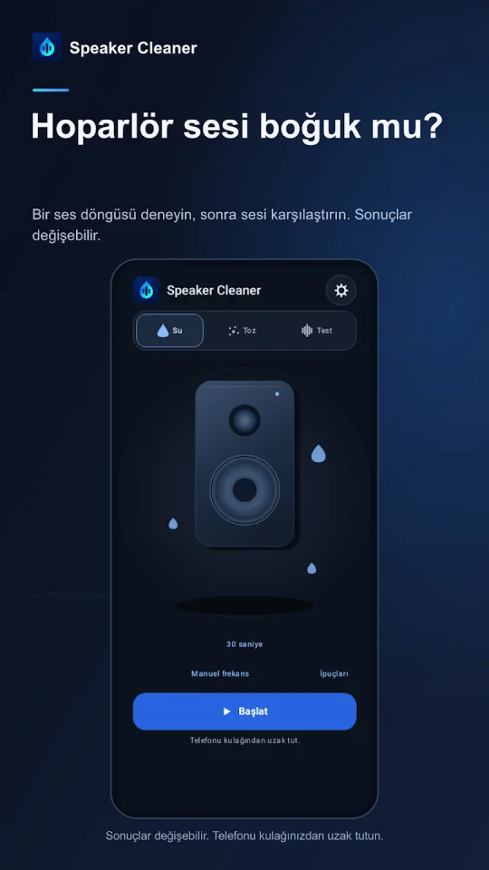 Speaker Cleaner Google Play görseli: su modu ve ses kontrolleri